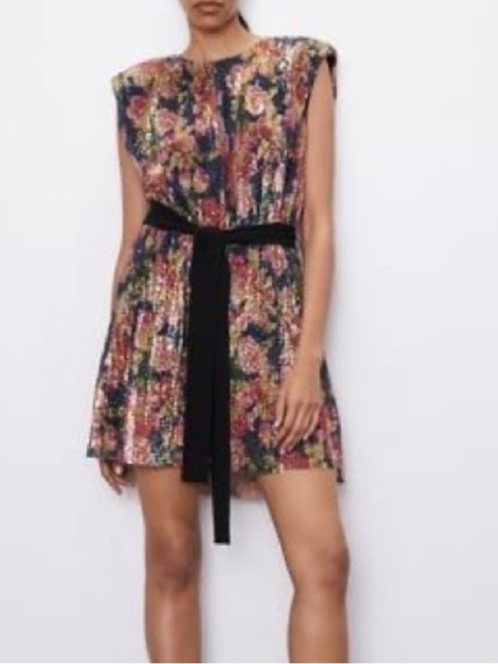 Zara Multicolor Sequin Mini Dress with Black Waist Tie